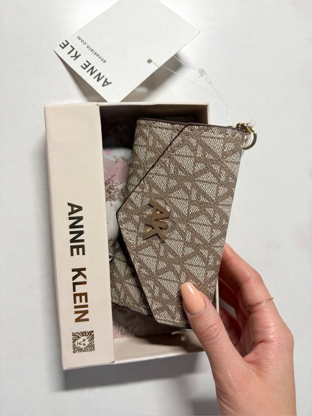 Anne Klein Taupe Logo-Print Card Holder with Gold Hardware
